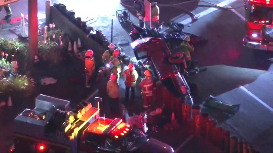 Two people were hospitalized in a multi-vehicle crash outside Duke's Malibu restaurant on Jan. 11, 2024. (KTLA)