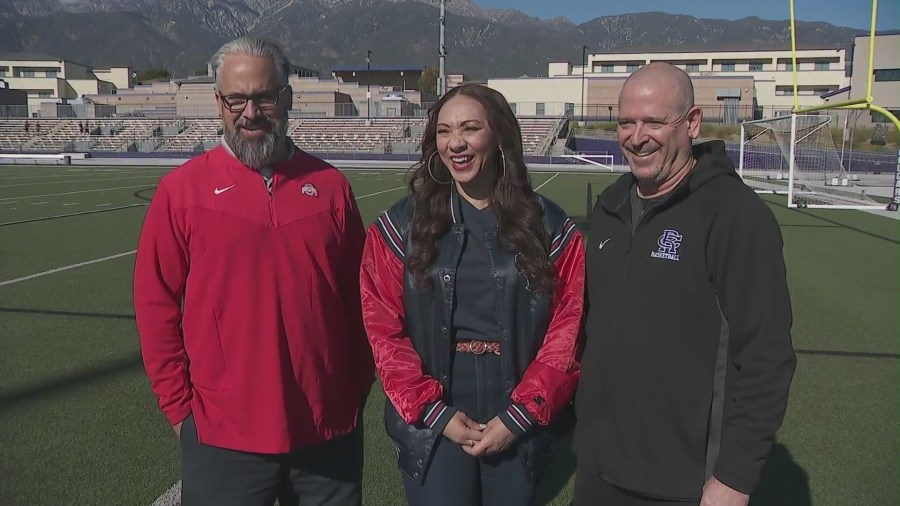 From left: Mark Verti, CJ Stroud’s former football coach; Kimberly Stroud, CJ’s mother; and Bill Burke, CJ’s former varsity basketball coach. (KTLA)