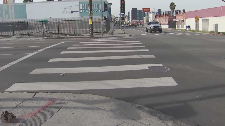 The crosswalk at West Adams Boulevard and Main Street in South Los Angeles where Alberto Castaneda was struck and killed on Jan. 3, 2024. (KTLA)