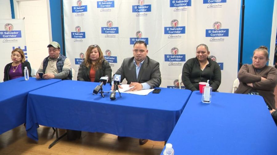 A press conference held by the El Salvador Corridor Association on Jan. 30, 2024 regarding the eviction of street food vendors. (KTLA)