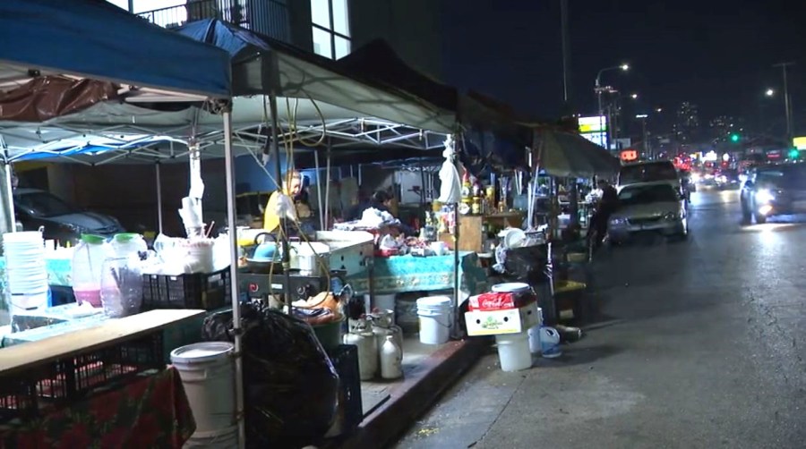 The El Salvador Corridor in L.A.'s Pico-Union neighborhood, famous for its bustling merchants and street food vendors. (KTLA)