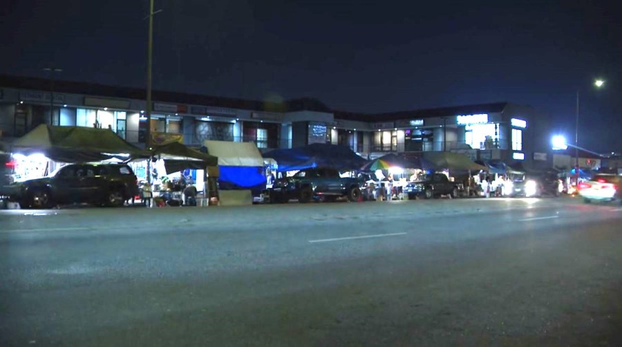 The El Salvador Corridor in L.A.'s Pico-Union neighborhood, famous for its bustling merchants and street food vendors. (KTLA)