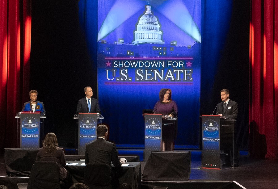 Candidates, from left, U.S. Rep. Barbara Lee, D-Calif., U.S. Rep. Adam Schiff, D-Calif., U.S. Rep. Katie Porter, D-Calif., and former baseball player Steve Garvey, stand on stage during a televised debate for candidates in the senate race to succeed the late California Sen. Dianne Feinstein, on Jan. 22, 2024, in Los Angeles. (AP Photo)