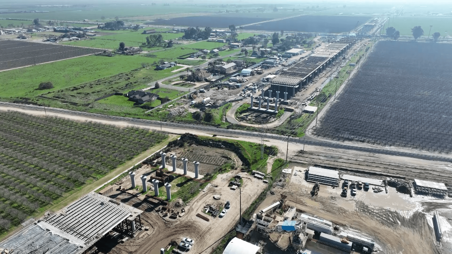 Aerial images show massive pillars that will comprise the base of the California High-Speed Rail Hanford Viaduct in Hanford, California on Jan. 29, 2024. (KTLA)