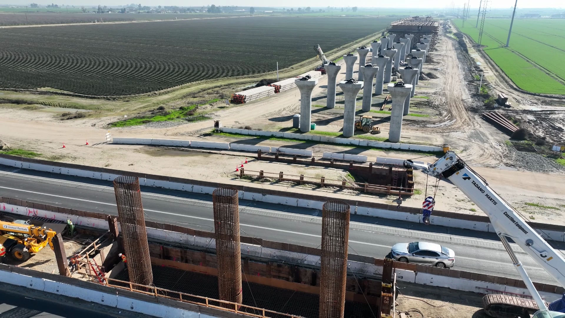 Aerial images show massive pillars that will comprise the base of the California High-Speed Rail Hanford Viaduct in Hanford, California on Jan. 29, 2024. (KTLA)