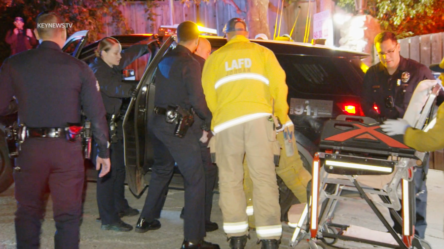 First responders arrive at the scene of a shooting in the Hollywood Hills area on Feb. 12, 2024.