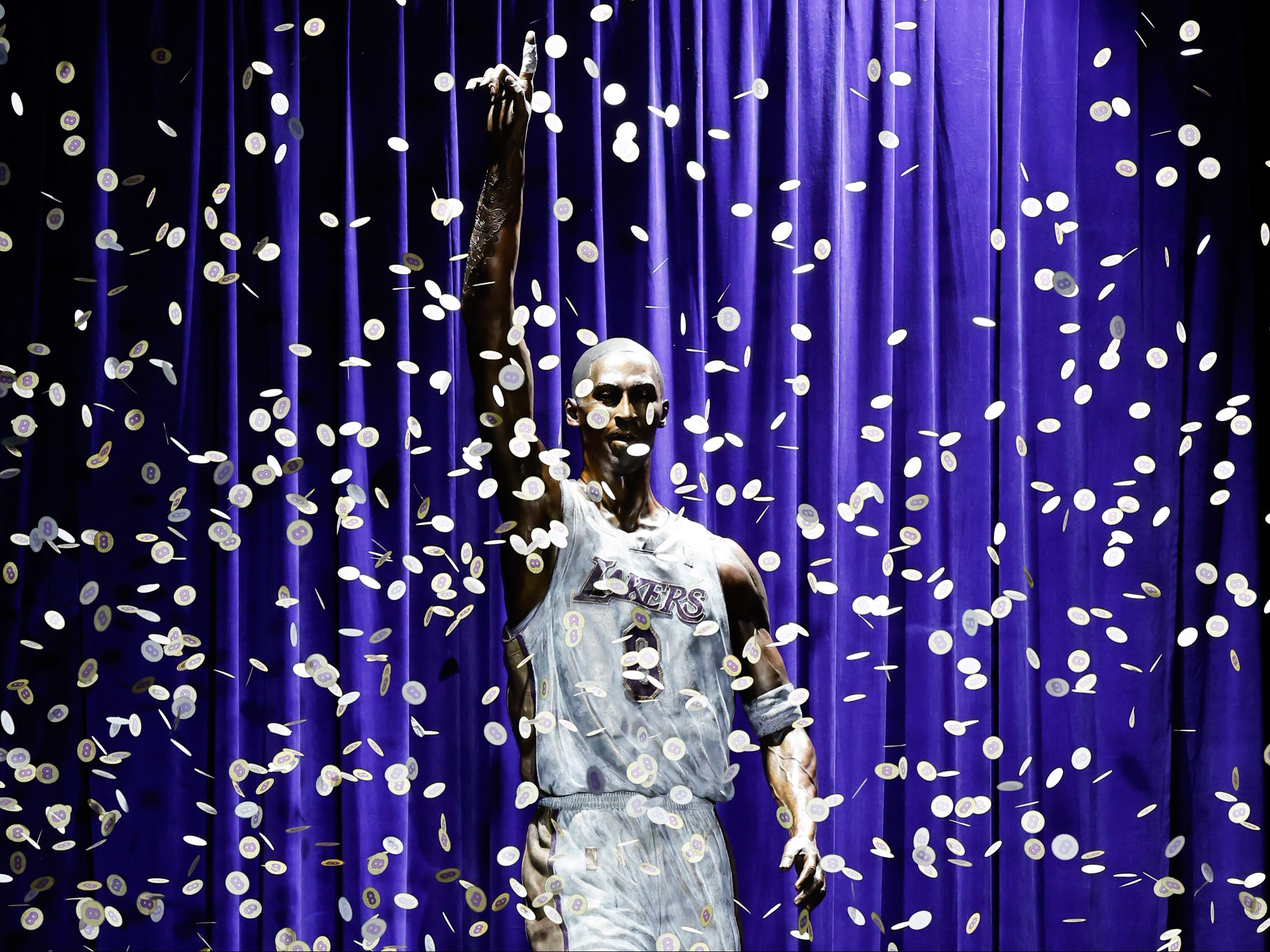 The Los Angeles Lakers unveil a statue honoring the late Kobe Bryant at the Star Plaza outside of Crypto.com Arena in Los Angeles on Feb. 8, 2024. (Getty Images)