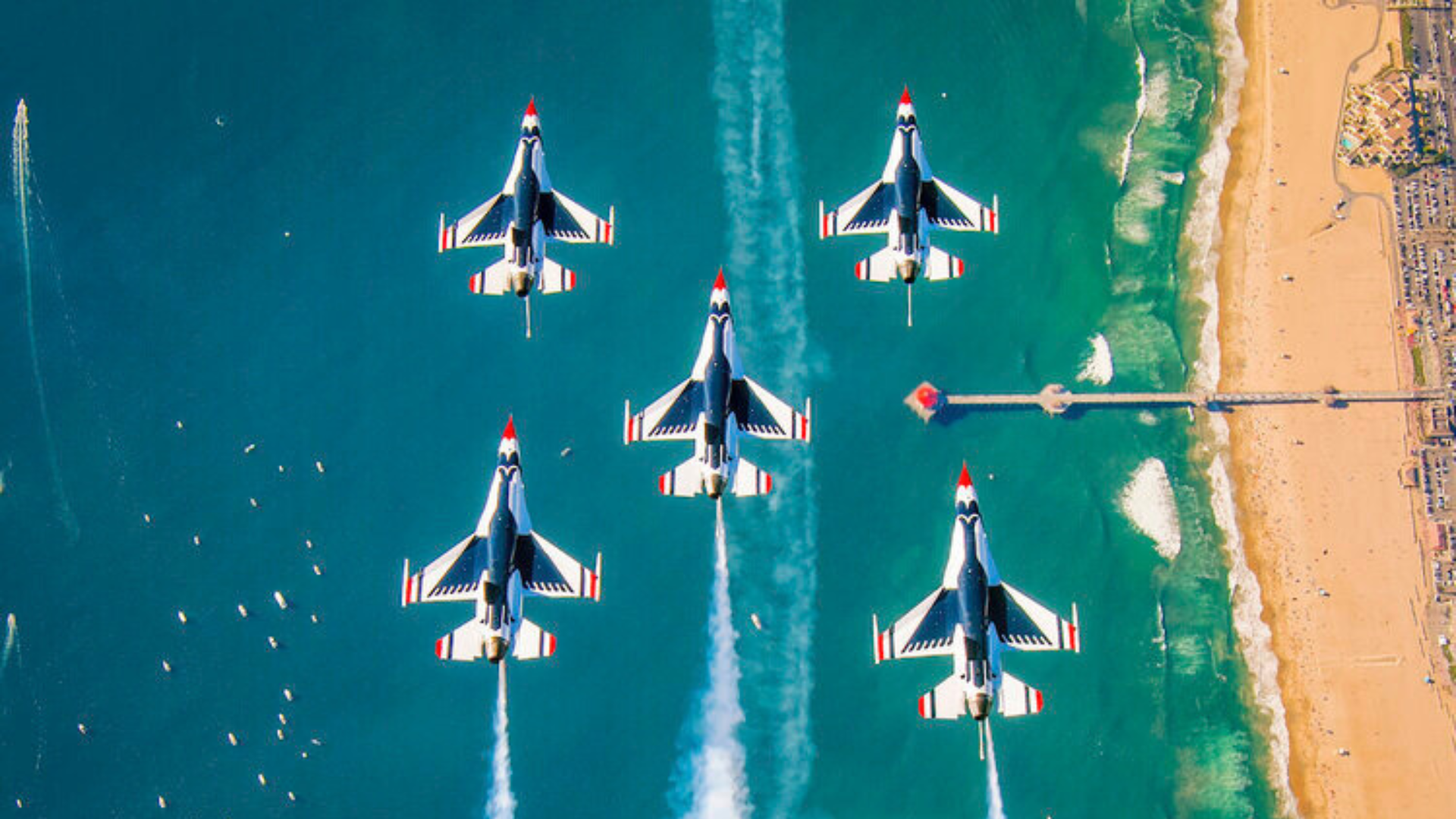 The U.S. Air Force Thunderbirds flying Lockheed Martin F-16 Fighting Falcons at the Pacific Airshow in Huntington Beach. (Pacific Airshow)