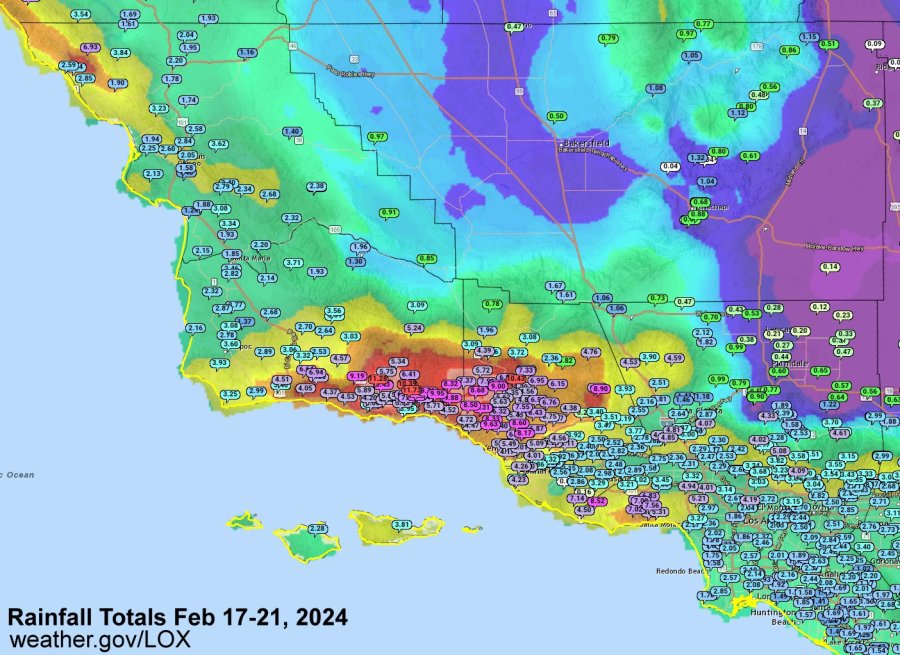 Rain totals from Feb. 17 to Feb. 21 are seen in an image provided by the National Weather Service.