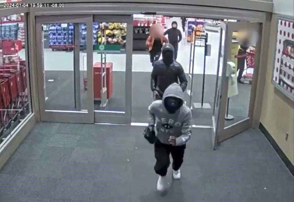 Authorities are searching for three suspects who robbed a mother and threatened to shoot her son at a Target store in Palmdale on Jan. 4, 2024. (Los Angeles County Sheriff’s Department)