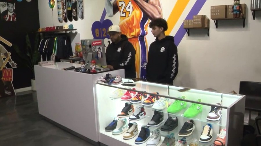 Mario Hernandez and his father opened HypeBeast Kickz in San Fernando in 2021. (KTLA)