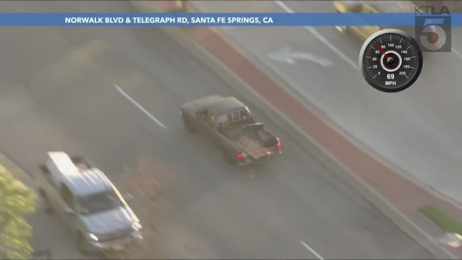 Authorities pursued a stolen pickup truck that crashed into a drainage canal in Los Angeles County on Feb. 2, 2024. (KTLA)