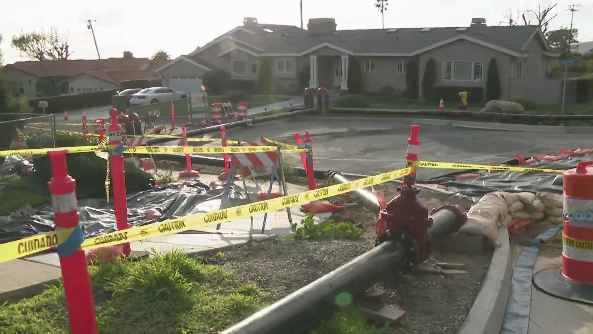 Following a destructive rainstorm that pummeled Southern California, a massive landslide is threatening a neighborhood in Rancho Palos Verdes on Feb. 8, 2024. (KTLA)