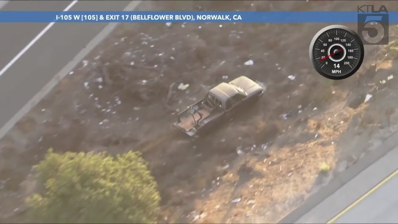 Authorities pursued a stolen pickup truck that crashed into a drainage canal in Los Angeles County on Feb. 2, 2024. (KTLA)