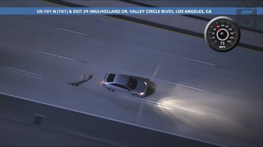 A carjacking suspect was arrested after a dangerous, high-speed pursuit through Los Angeles County on Feb. 14, 2024. (KTLA)