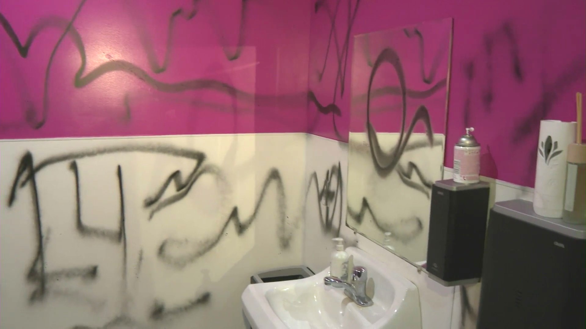 Graffiti left by a suspect who burglarized and vanadalized El Zarape on Feb. 26, 2024. (KTLA)