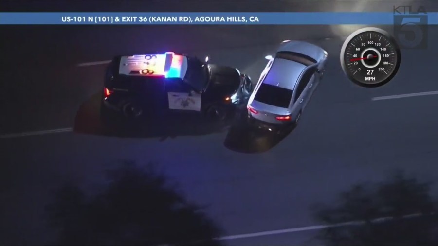 A carjacking suspect was arrested after a dangerous, high-speed pursuit through Los Angeles County on Feb. 14, 2024. (KTLA)