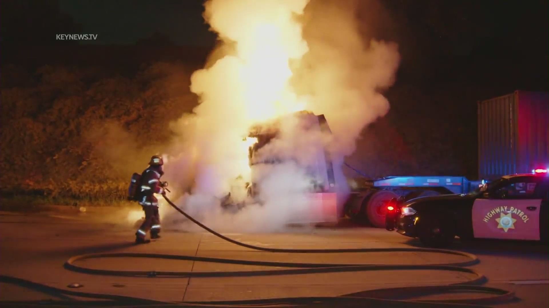 A semi-truck burst into flames in a pursuit that ended in Rancho Cucamonga on Feb. 21, 2024. (KeyNews.TV)