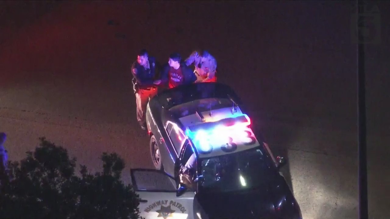 A carjacking suspect was arrested after a dangerous, high-speed pursuit through Los Angeles County on Feb. 14, 2024. (KTLA)