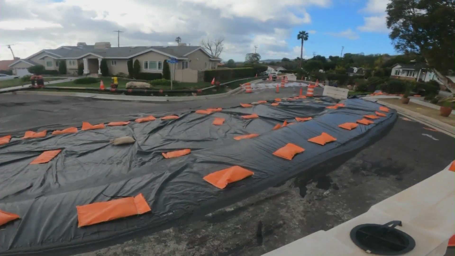 Following a destructive rainstorm that pummeled Southern California, a massive landslide is threatening a neighborhood in Rancho Palos Verdes on Feb. 8, 2024. (KTLA)