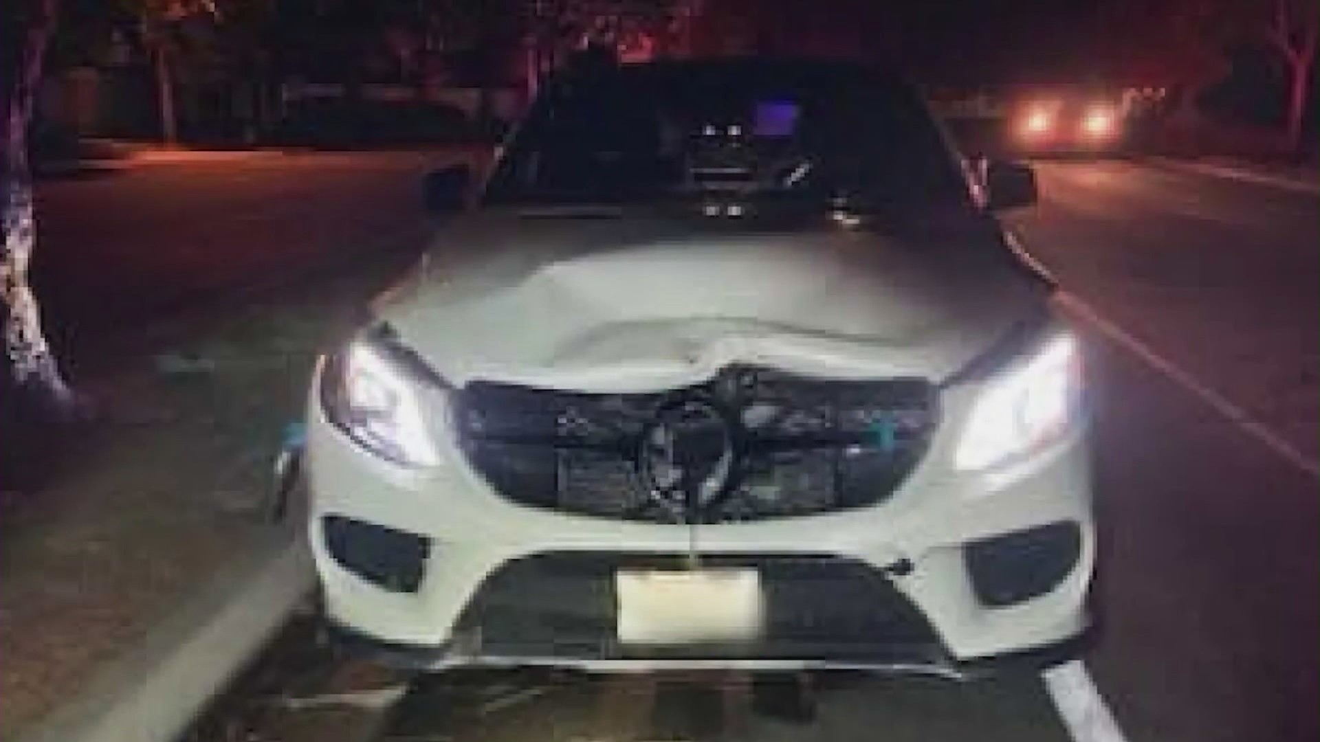 Heavy front-end damage seen on a white Mercedes-Benz SUV, whose driver is suspected of striking and killing two boys in Westlake Village on Sept. 29, 2020. (Los Angeles County Sheriff's Department)