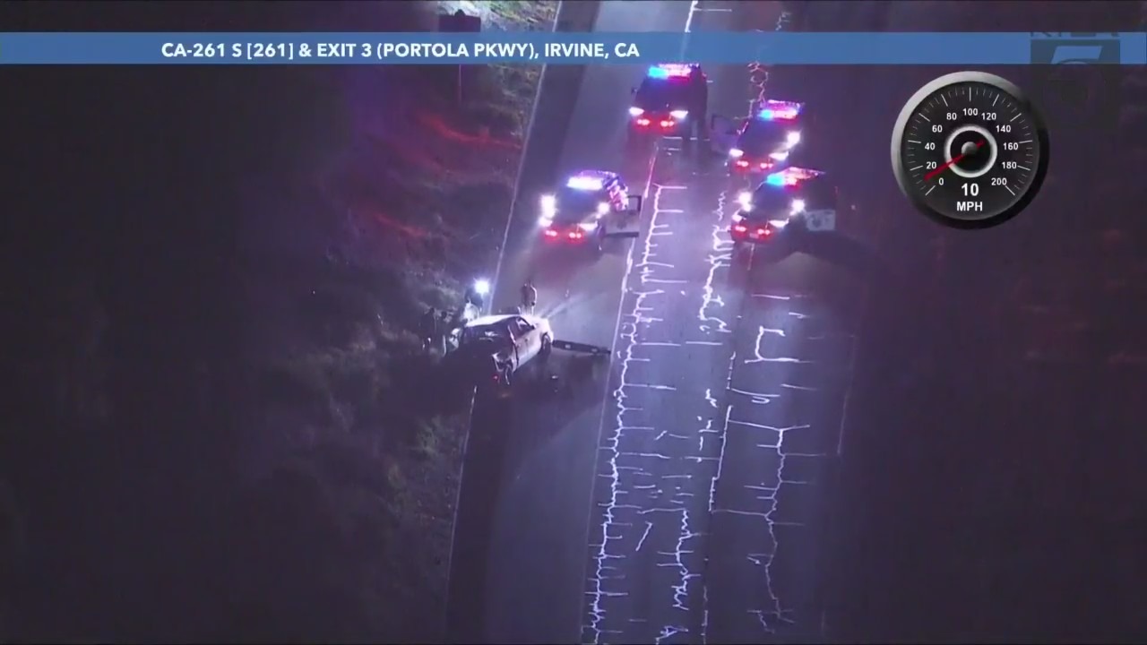 A suspect in a stolen vehicle was taken into custody after a pursuit through Los Angeles and Orange counties ended in a crash on Feb. 16, 2024. (KTLA)