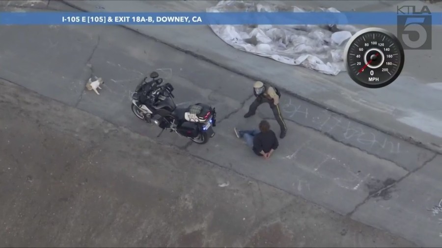 A possible suspect after authorities pursued a stolen pickup truck that crashed into a drainage canal in Los Angeles County on Feb. 2, 2024. (KTLA)