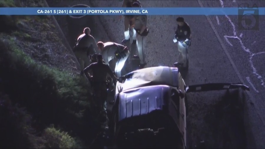 A suspect in a stolen vehicle was taken into custody after a pursuit through Los Angeles and Orange counties ended in a crash on Feb. 16, 2024. (KTLA)