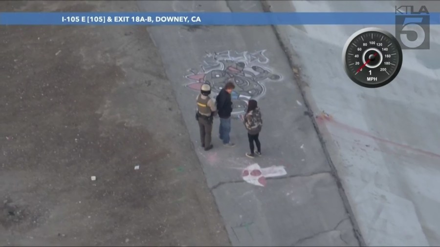 A possible suspect after authorities pursued a stolen pickup truck that crashed into a drainage canal in Los Angeles County on Feb. 2, 2024. (KTLA)