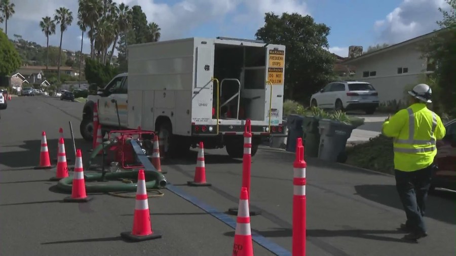 Following a destructive rainstorm that pummeled Southern California, a massive landslide is threatening a neighborhood in Rancho Palos Verdes on Feb. 8, 2024. (KTLA)