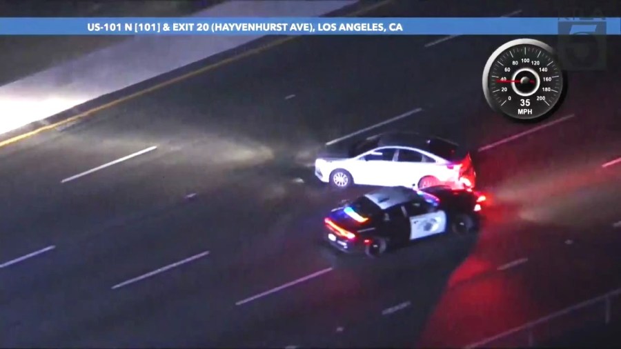 A carjacking suspect was arrested after a dangerous, high-speed pursuit through Los Angeles County on Feb. 14, 2024. (KTLA)