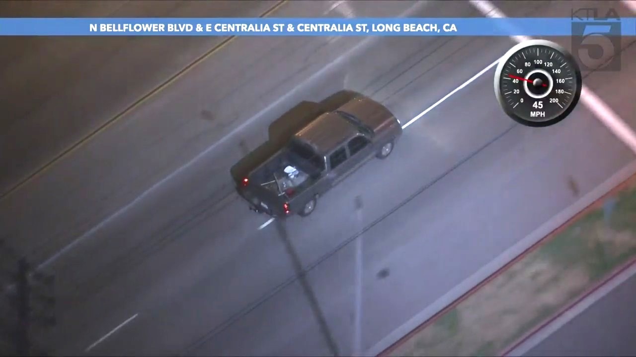 A suspect in a stolen vehicle was taken into custody after a pursuit through Los Angeles and Orange counties ended in a crash on Feb. 16, 2024. (KTLA)