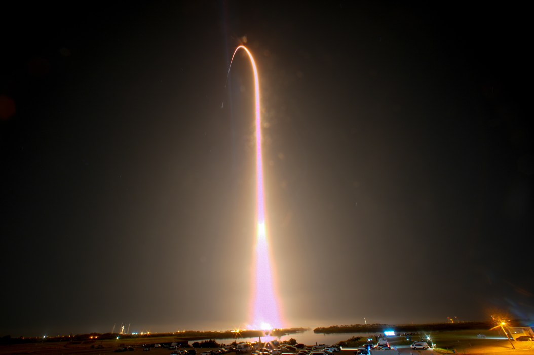 A SpaceX Falcon 9 rocket and Dragon capsule with a crew of four on a mission to the International Space Station is seen during a time exposure as it lifts off from pad 39A at the Kennedy Space Center in Cape Canaveral, Fla., Sunday, March 3, 2024. (AP Photo/John Raoux)