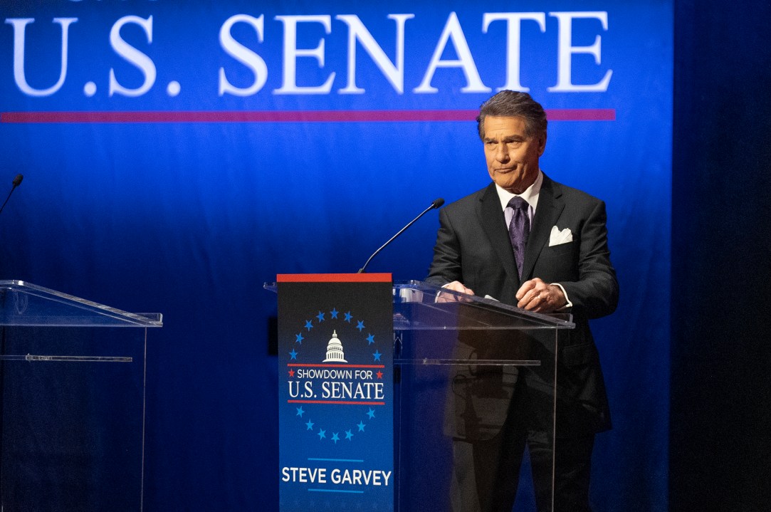 FILE - Former baseball player Steve Garvey listens at a televised debate for candidates in the senate race to succeed the late California Sen. Dianne Feinstein on Jan. 22, 2024, in Los Angeles. Several prominent Democratic House members are jostling to fend off Republican former baseball great Steve Garvey in the fight for the U.S. Senate seat once held by the late Sen. Dianne Feinstein. (AP Photo/Damian Dovarganes)