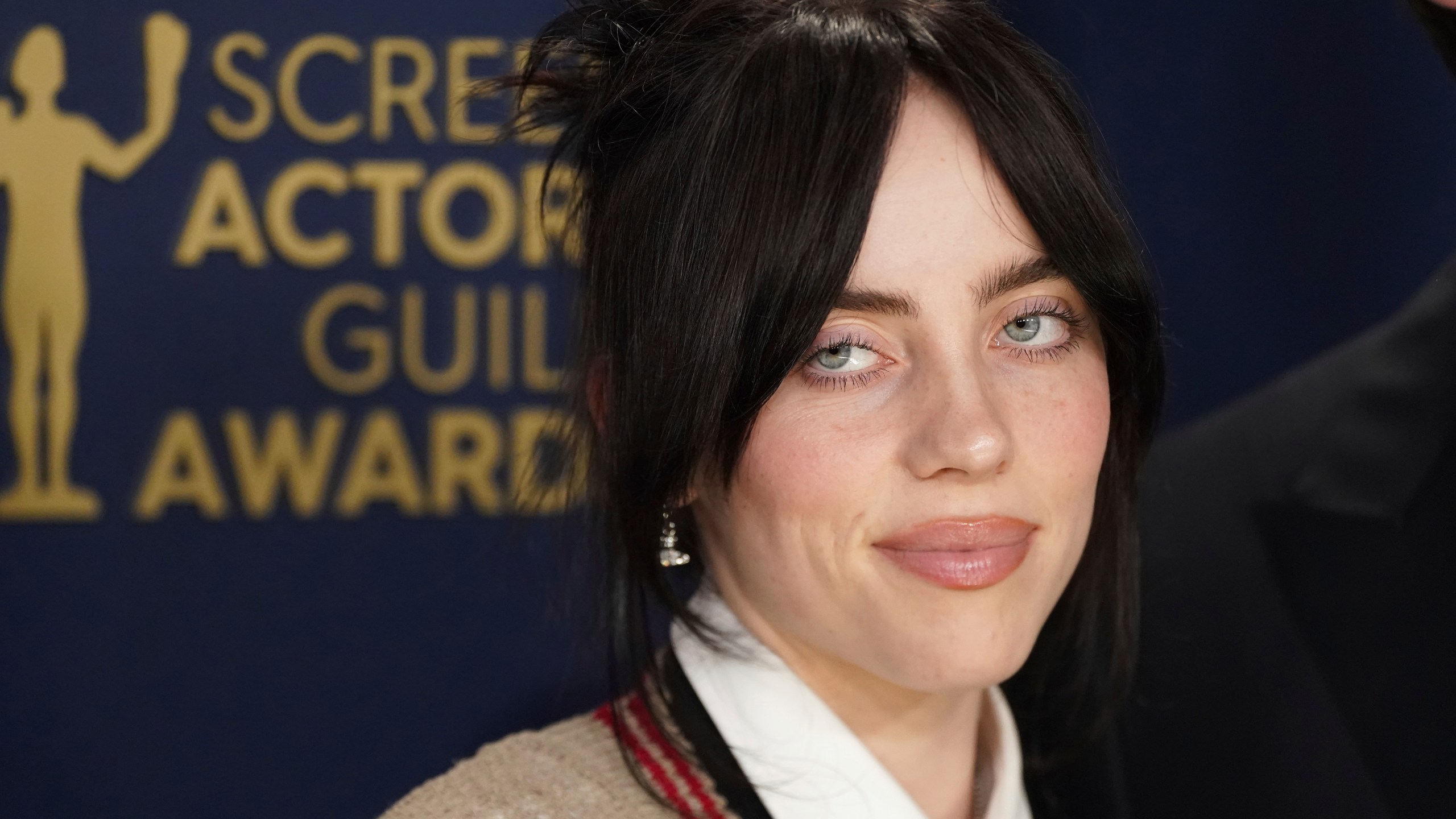 Billie Eilish arrives at the 30th annual Screen Actors Guild Awards on Saturday, Feb. 24, 2024, at the Shrine Auditorium in Los Angeles. (Photo by Jordan Strauss/Invision/AP)