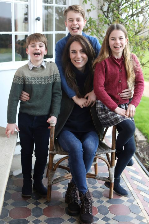 This undated photo issued on Sunday March 10, 2024 by Kensington Palace shows Kate, Princess of Wales with her children, Prince Louis, left, Prince George and Princess Charlotte, taken in Windsor, England, by Prince William earlier this week. The Princess of Wales shared a message on social media thanking the public for their continued support and wishing people a Happy Mother's Day. (Prince of Wales/Kensington Palace via AP)