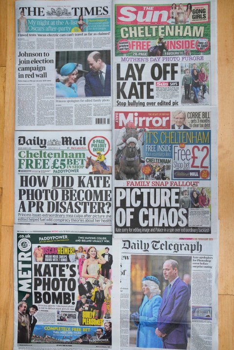 A montage of some of the front pages of Britain's newspapers, in London, Tuesday, March 12, 2024. The Princess of Wales has apologized for "confusion" caused by her altering of a family photo released by the palace. The image of Kate and her children was intended to calm concern and speculation about the princess's health, but had the opposite effect. Several news agencies that initially published the photo, including The Associated Press, withdrew the image over concerns about digital manipulation. (AP Photo/Kirsty Wigglesworth)