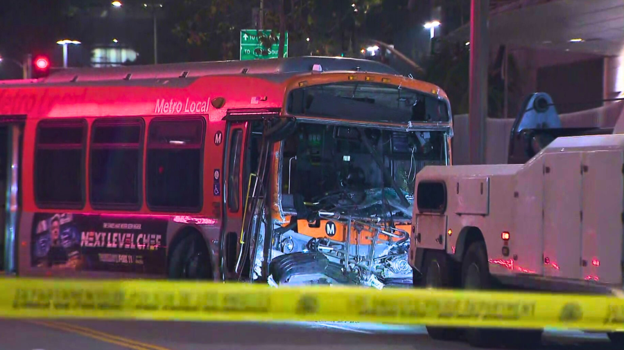 A Metro bus is seen after being hijacked and crashing in Downtown Los Angeles on March 21, 2024.