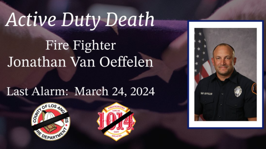 Firefighter Jonathan Van Oeffelen is seen in an image provided by the Los Angeles County Fire Department.