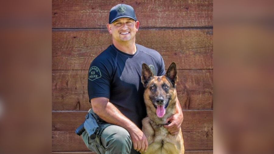 Koa and his handler Corporal Rob Caston are seen in an image provided by the Oxnard Police Department on March 7, 2024.