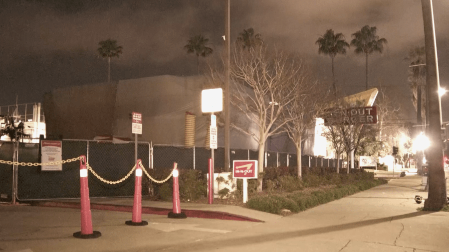 A closed In-N-Out Burger location in Hollywood is seen with a tent over it on March 13, 2024. 