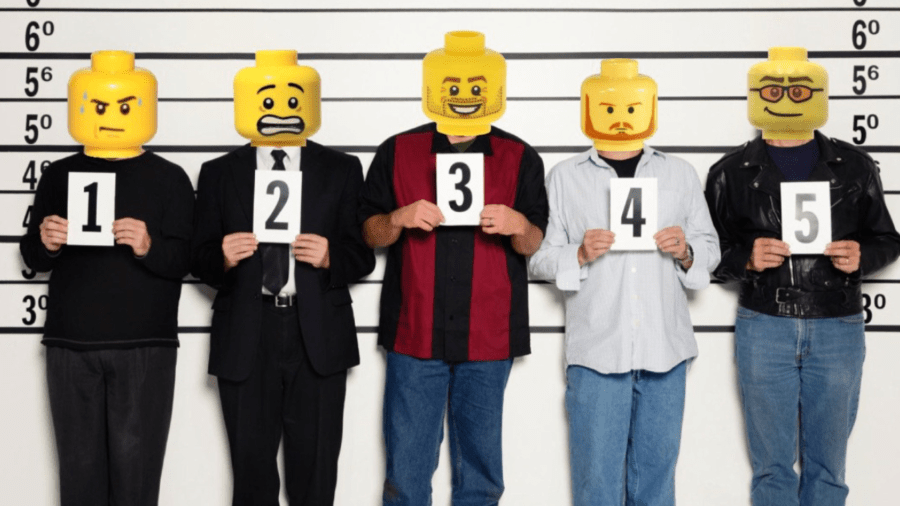 A lineup is shown with Lego heads covering the suspects' faces.