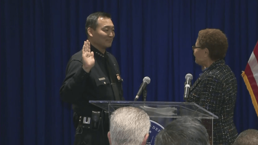 Dominic Choi is sworn in as interim police chief of the Los Angeles Police Department on March 1, 2024.