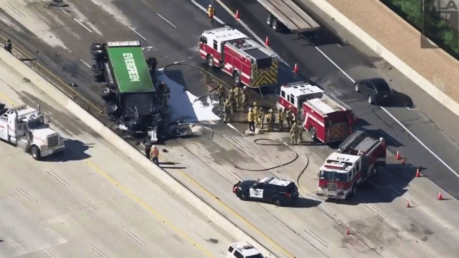 A big rig crashed through a center divider on the 57 Freeway in Orange County on March 25, 2024.