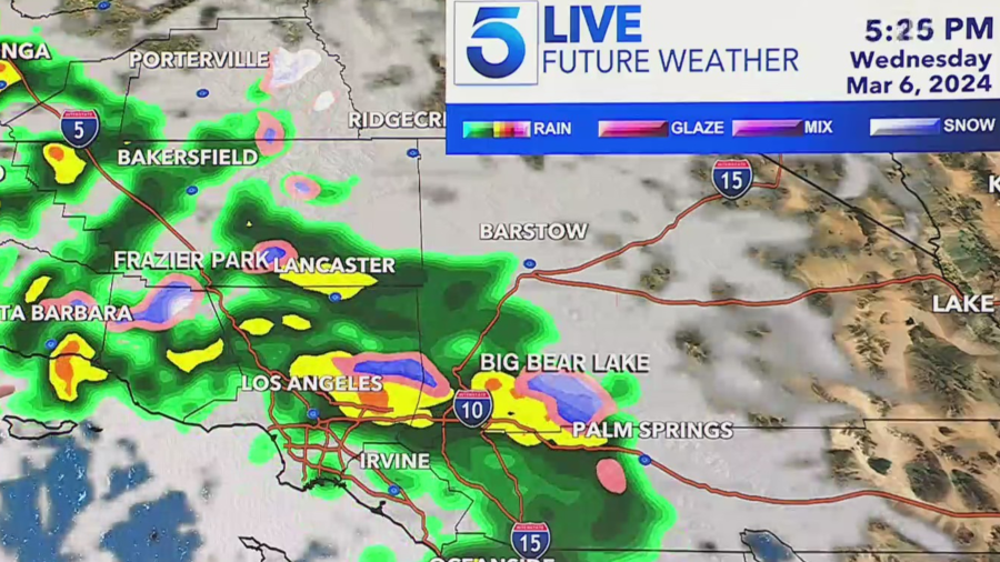 KTLA's Future Weather tracker shows heavy showers across parts of Southern California on Wednesday, March 6, 2024.