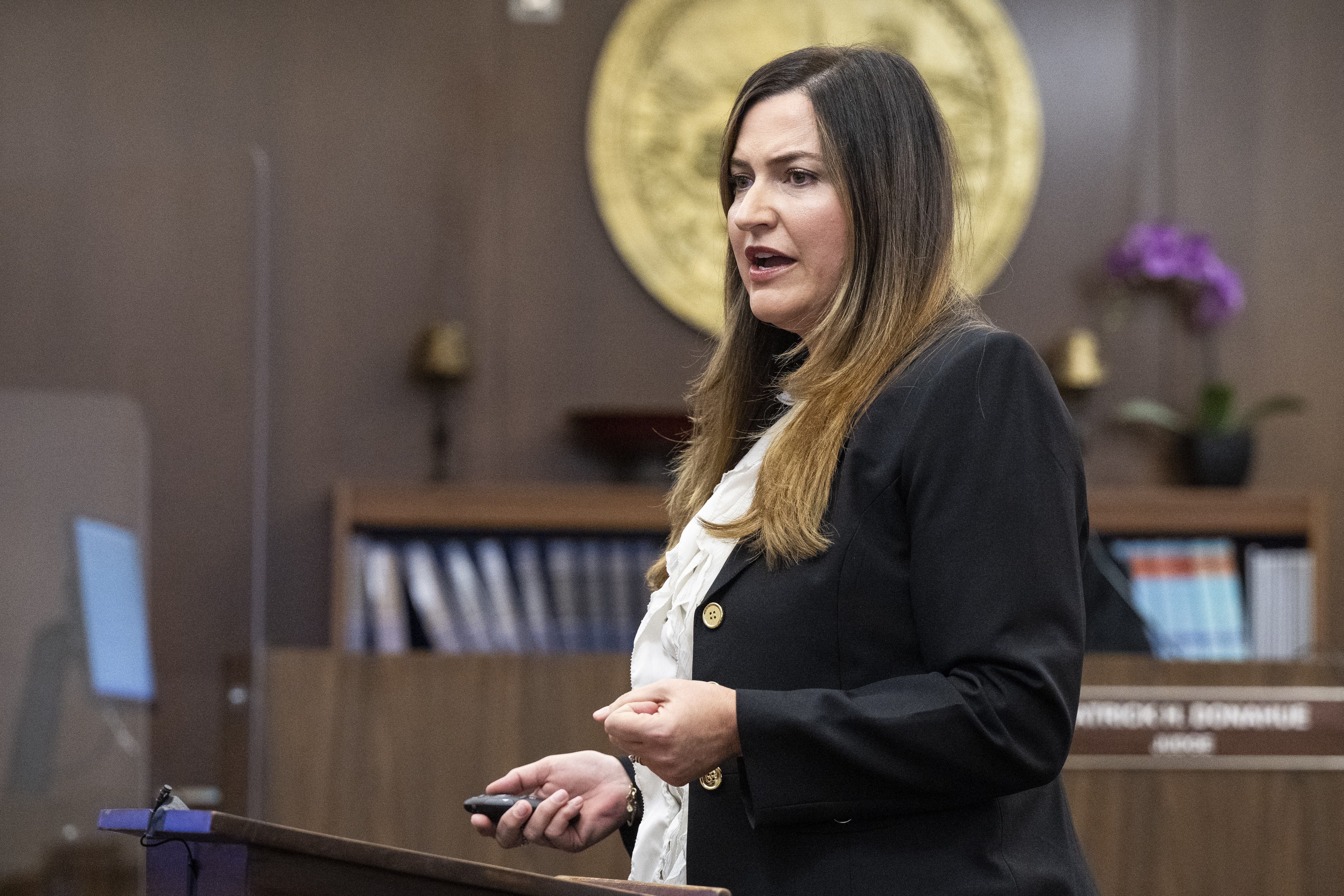 SANTA ANA, CA - November 28: Senior Deputy District Attorney Jennifer Walker gives her opening statement in Orange County Superior Court in Santa Ana, CA on Tuesday, November 28, 2023. Eric Scott Sills is on trial for the death of his wife, Susann Sills. (Photo by Paul Bersebach/MediaNews Group/Orange County Register via Getty Images)