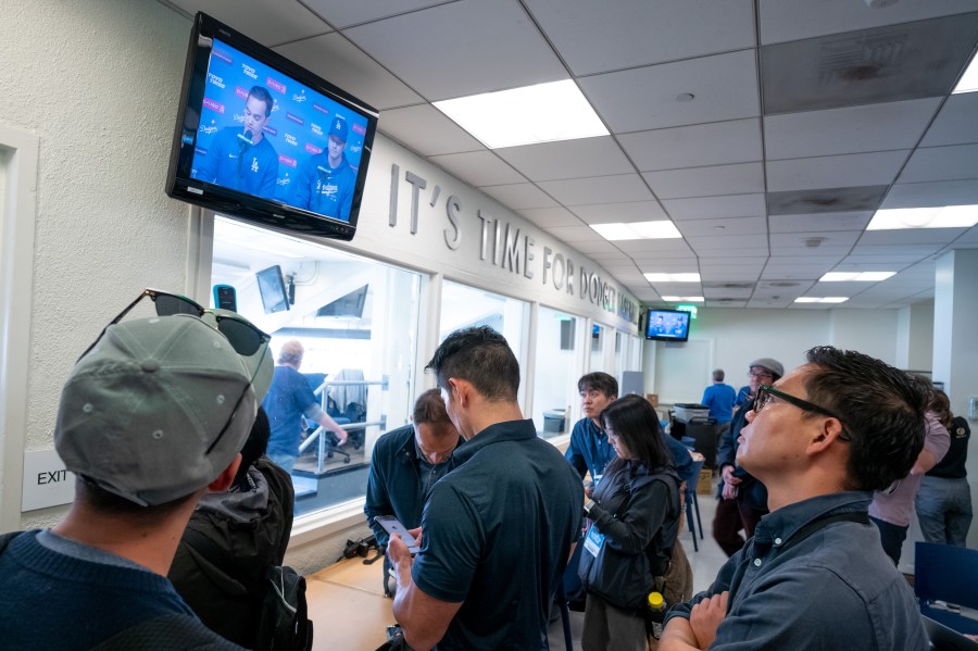 Media scramble to hear and see Shohei Ohtani give a press conference on March 25, 2024, in which he denied ever participated in any sports gambling following the dismissal of his longtime interpreter and friend, Ippei Mizuhara. (Getty Images)