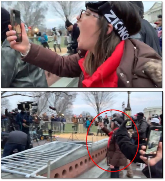 A photo shared by the FBI allegedly shows Kayla Reifschneider yelling at members of the media during the Jan. 6, 2021 riot at the U.S. Capitol