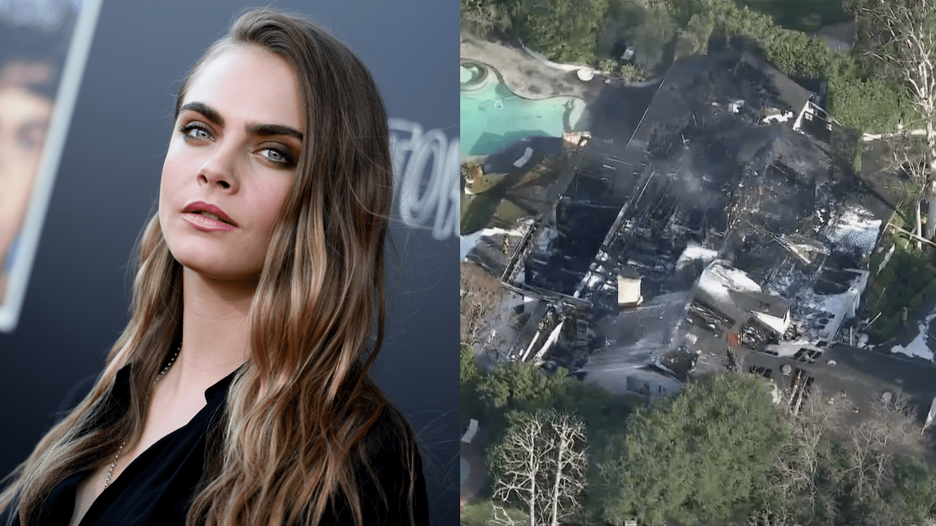 A massive fire destroyed the Studio City home of Cara Delevingne on March 15, 2024. (AP, KTLA)