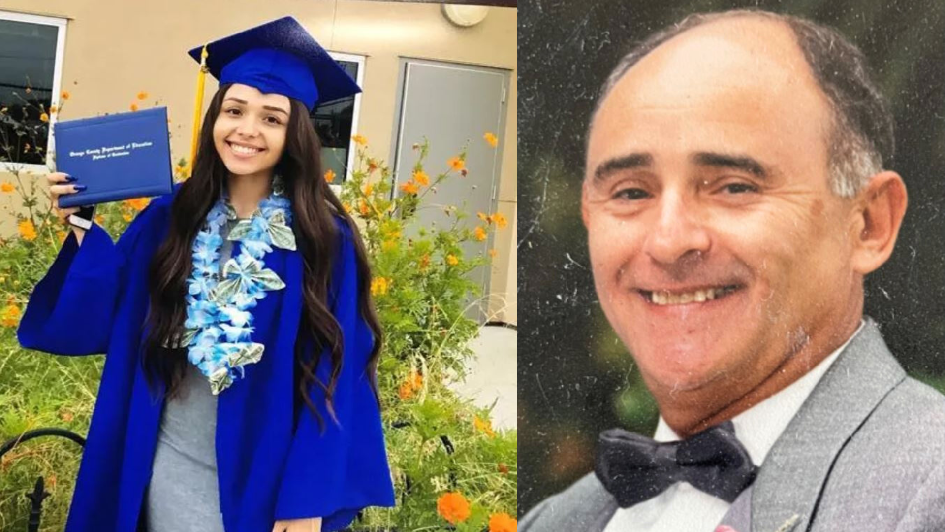 From left: Victoria Barrios, 18, is seen in a family photo; Alan Jay Schwalbe is seen in a photo from the Orange County Sheriff's Department.